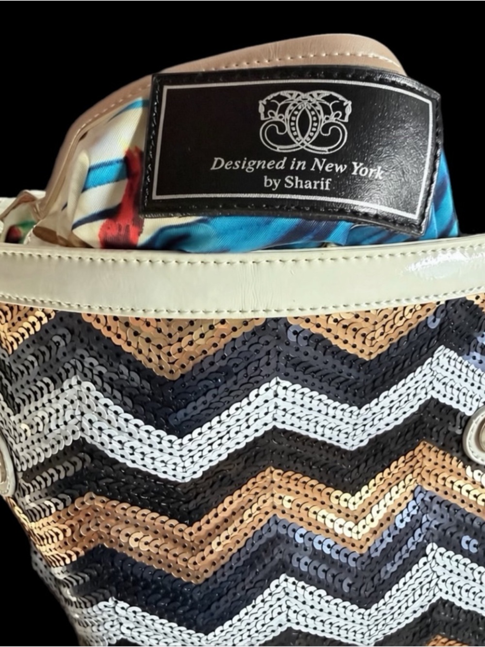 Sharif Sequin Chevron Tote in White, Blue & Gold - Picture 7 of 10